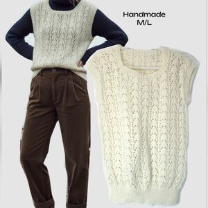 Handmade Ivory Knit Sweater Vest Cottagecore Coastal Grandma Size M/L